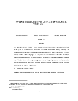 Pandemic Recession, Helicopter Money and Central Banking: Venice, 1630 ♠