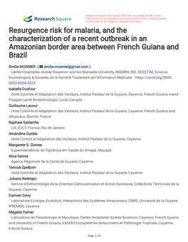 Resurgence Risk for Malaria, and the Characterization of a Recent Outbreak in an Amazonian Border Area Between French Guiana and Brazil