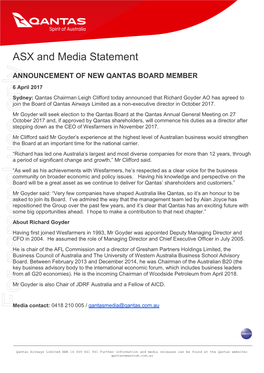 Announcement of New Qantas Board Member