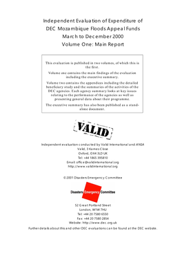 Independent Evaluation of Expenditure of DEC Mozambique Floods Appeal Funds March to December 2000 Volume One: Main Report