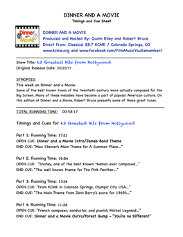 Dinner and a Movie-63 Greatest Hits from Hollywood Cue Sheet.Pages