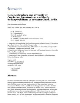 Coscinium Fenestratum: a Critically Endangered Liana of Western Ghats, India