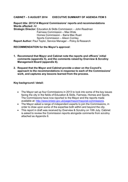 Cabinet – 5 August 2014 Executive Summary of Agenda Item 5