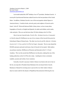Abraham Lincoln for March 1, 2009 by Carol Taylor Ctaylor@Ci.Greenville.Tx.Us