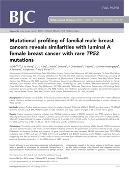 Mutational Profiling of Familial Male Breast Cancers Reveals Similarities with Luminal a Female Breast Cancer with Rare TP53 Mutations