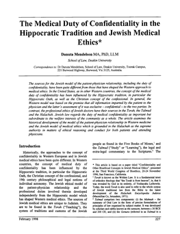 The Medical Duty of Confidentiality in the Hippocratic Tradition and Jewish Medical Ethics*