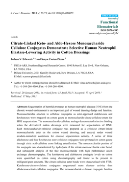 Citrate-Linked Keto- and Aldo-Hexose Monosaccharide Cellulose Conjugates Demonstrate Selective Human Neutrophil Elastase-Lowering Activity in Cotton Dressings