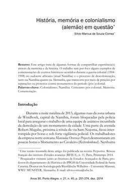 História, Memória E Colonialismo (Alemão) Em Questão* Sílvio Marcus De Souza Correa**