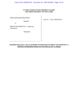 2020-12-04 Sirius XM Memorandum ISO Motion to Dismiss