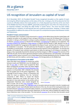 US Recognition of Jerusalem As Capital of Israel
