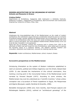 11 MODERN ARCHITECTURE in the (RE)MAKING of HISTORY Schools and Museums in Greece Cristina Pallini Abstract Eurocentric Perspe