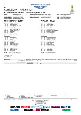 Match Report Half-Time Real Madrid CF - Al Ain FC 1 : 0 # 8 22 DEC 2018 20:30 Abu Dhabi / Zayed Sports City Stadium / UAE