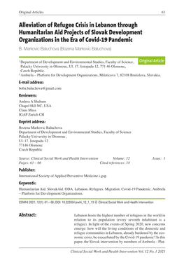 Alleviation of Refugee Crisis in Lebanon Through Humanitarian Aid Projects of Slovak Development Organizations in the Era of Covid-19 Pandemic B