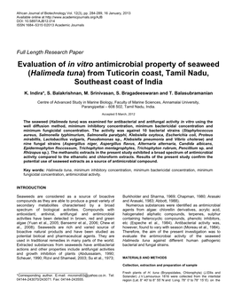 Evaluation of in Vitro Antimicrobial Property of Seaweed (Halimeda Tuna) from Tuticorin Coast, Tamil Nadu, Southeast Coast of India