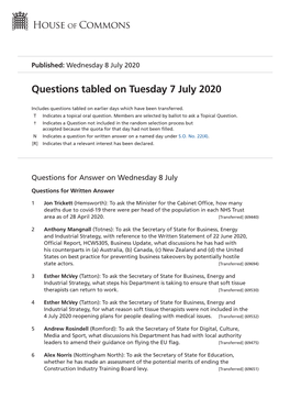 Questions Tabled on Tue 7 Jul 2020