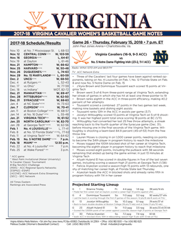 2017-18 Virginia Cavalier Women's Basketball Game Notes