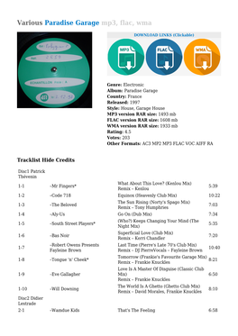 Various Paradise Garage Mp3, Flac, Wma