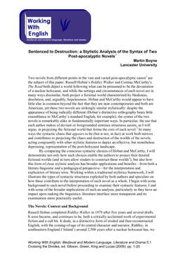 Sentenced to Destruction: a Stylistic Analysis of the Syntax of Two Post-Apocalyptic Novels1 Martin Boyne Lancaster University