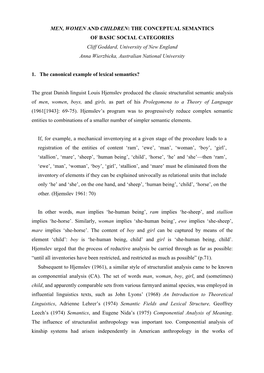 MEN, WOMEN and CHILDREN: the CONCEPTUAL SEMANTICS of BASIC SOCIAL CATEGORIES Cliff Goddard, University of New England Anna Wierzbicka, Australian National University