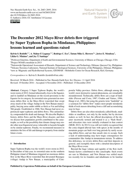 The December 2012 Mayo River Debris Flow Triggered by Super Typhoon Bopha in Mindanao, Philippines: Lessons Learned and Question