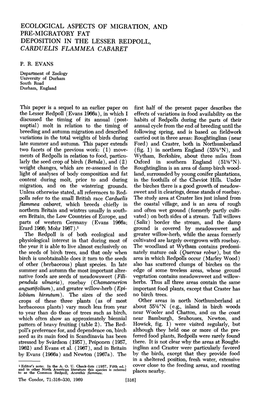 Ecological Aspects of Migration, and Pre-Migratory Fat Deposition in the Lesser Redpoll, Carduelis Flammea Cabaret