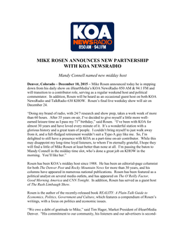 Mike Rosen Announces New Partnership with Koa Newsradio