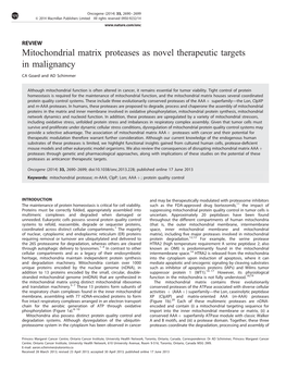 Mitochondrial Matrix Proteases As Novel Therapeutic Targets in Malignancy