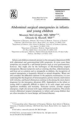 Abdominal Surgical Emergencies in Infants and Young Children Maureen Mccollough, MD, Mpha,B,*, Ghazala Q