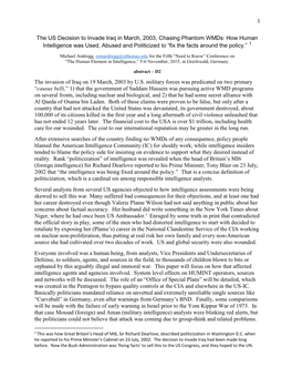 The US Decision to Invade Iraq in March, 2003, Chasing Phantom Wmds: How Human Intelligence Was Used, Abused and Politicized to “Fix the Facts Around the Policy.” 1