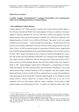 Canaille, Canaglia, Schweinhunderei’: Languages Personalities and Communication Failure in the Multilingual Fiction of Anthony Burgess