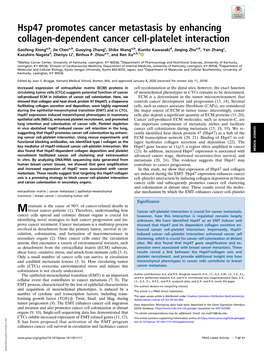 Hsp47 Promotes Cancer Metastasis by Enhancing Collagen-Dependent Cancer Cell-Platelet Interaction