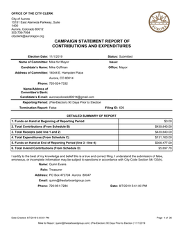 Campaign Statement Report Of�� Contributions and Expenditures
