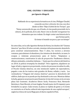 CINE, CULTURA Y EDUCACIÓN Por Ignacio Aliaga R. Hablando De Su