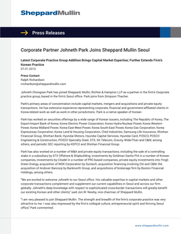 Press Releases Corporate Partner Johneth Park Joins Sheppard Mullin Seoul