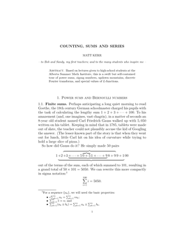 COUNTING, SUMS and SERIES 1. Power Sums and Bernoulli Numbers