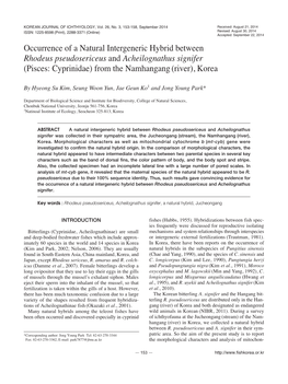 Occurrence of a Natural Intergeneric Hybrid Between Rhodeus Pseudosericeus and Acheilognathus Signifer (Pisces: Cyprinidae) from the Namhangang (River), Korea