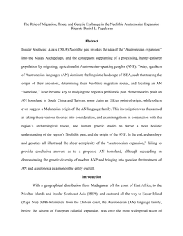 The Role of Migration, Trade, and Genetic Exchange in the Neolithic Austronesian Expansion Ricardo Daniel L. Pagulayan Abstract