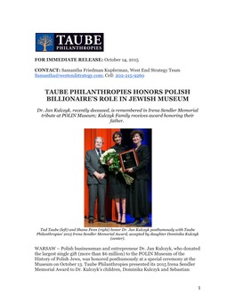 Taube Philanthropies Honors Polish Billionaire's Role in Jewish Museum