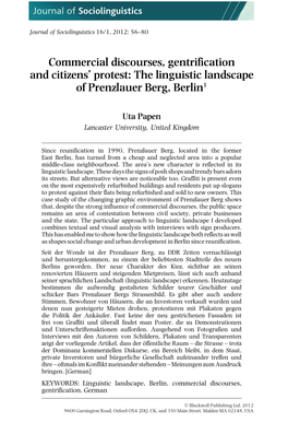 Commercial Discourses, Gentrification and Citizens' Protest: the Linguistic Landscape of Prenzlauer Berg, Berlin1