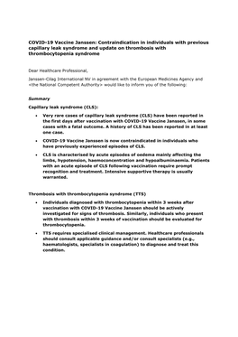 COVID-19 Vaccine Janssen: Contraindication in Individuals with Previous Capillary Leak Syndrome and Update on Thrombosis with Thrombocytopenia Syndrome