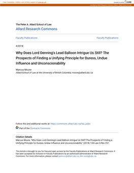 Why Does Lord Denning's Lead Balloon Intrigue Us Still? the Prospects of Finding a Unifying Principle for Duress, Undue Influence and Unconscionability