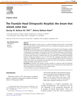 The Fountain Head Chiropractic Hospital: the Dream That Almost Came True ⁎ Barclay W
