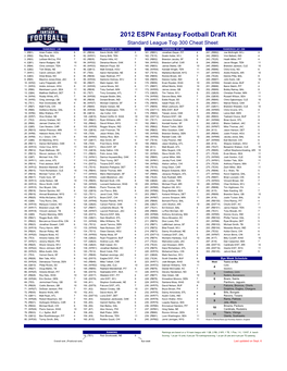 2012 ESPN Fantasy Football Draft Kit Standard League Top 300 Cheat Sheet