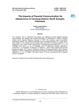 The Impacts of Parental Communication for Ado​ Lescence at Tarutung District, North Sumatra Indonesia