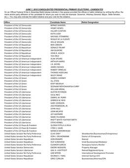 June 7, 2016 Consolidated Presidential Primary Election