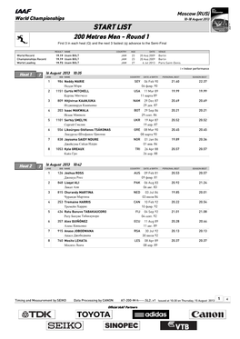 START LIST 200 Metres Men - Round 1 First 3 in Each Heat (Q) and the Next 3 Fastest (Q) Advance to the Semi-Final