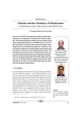 Chlorine and the Chemistry of Disinfectants∗ a Fascinating Journey—18Th Century to the COVID Times