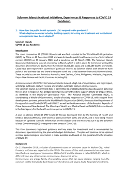 Solomon Islands National Initiatives, Experiences & Responses To