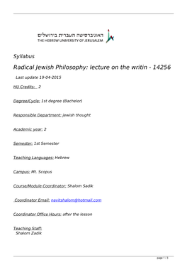 Syllabus Radical Jewish Philosophy: Lecture on the Writin - 14256
