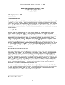 MPS Advisory Committee Meeting November 3 - 5, 2004 Divisional Breakout Group Assignments